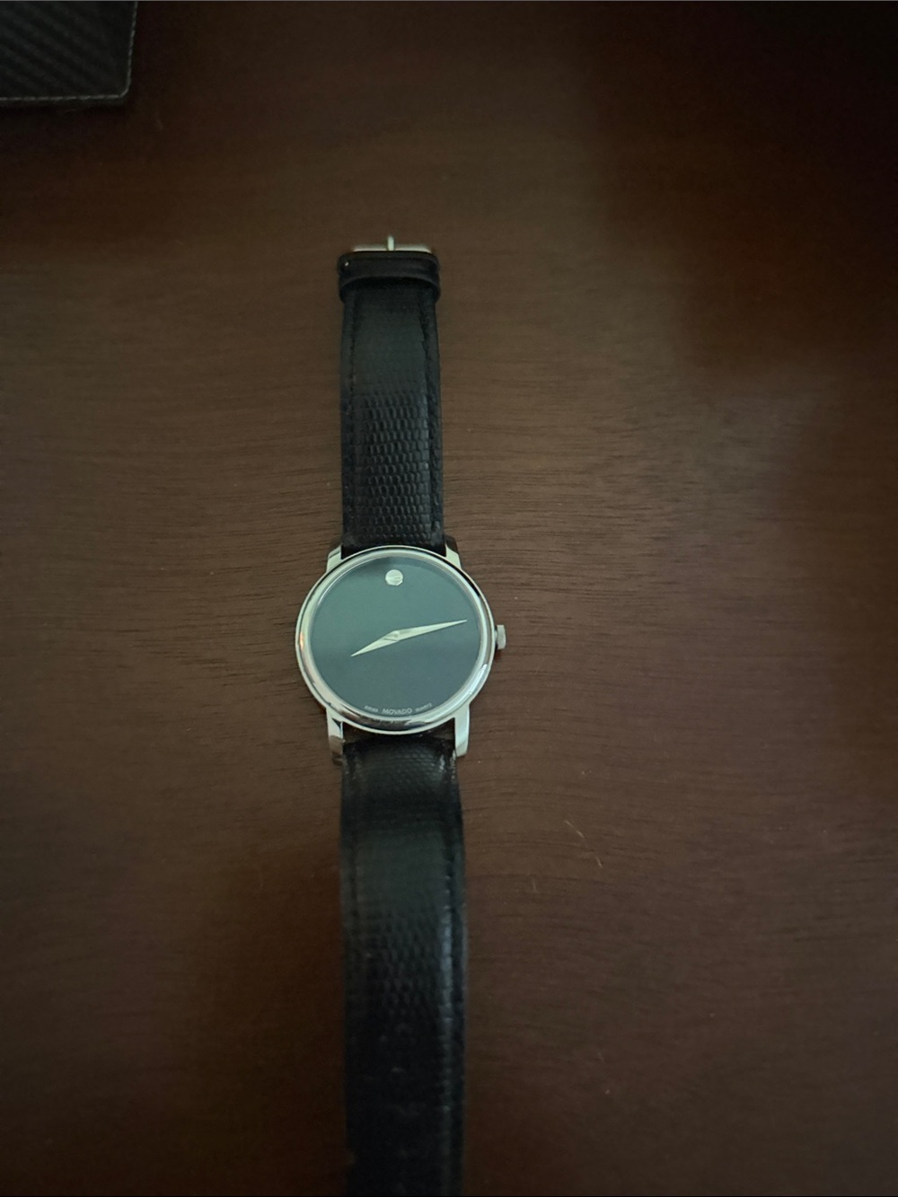Movado Men's Museum Black Dial Silver Case Watch with Black Leather Strap